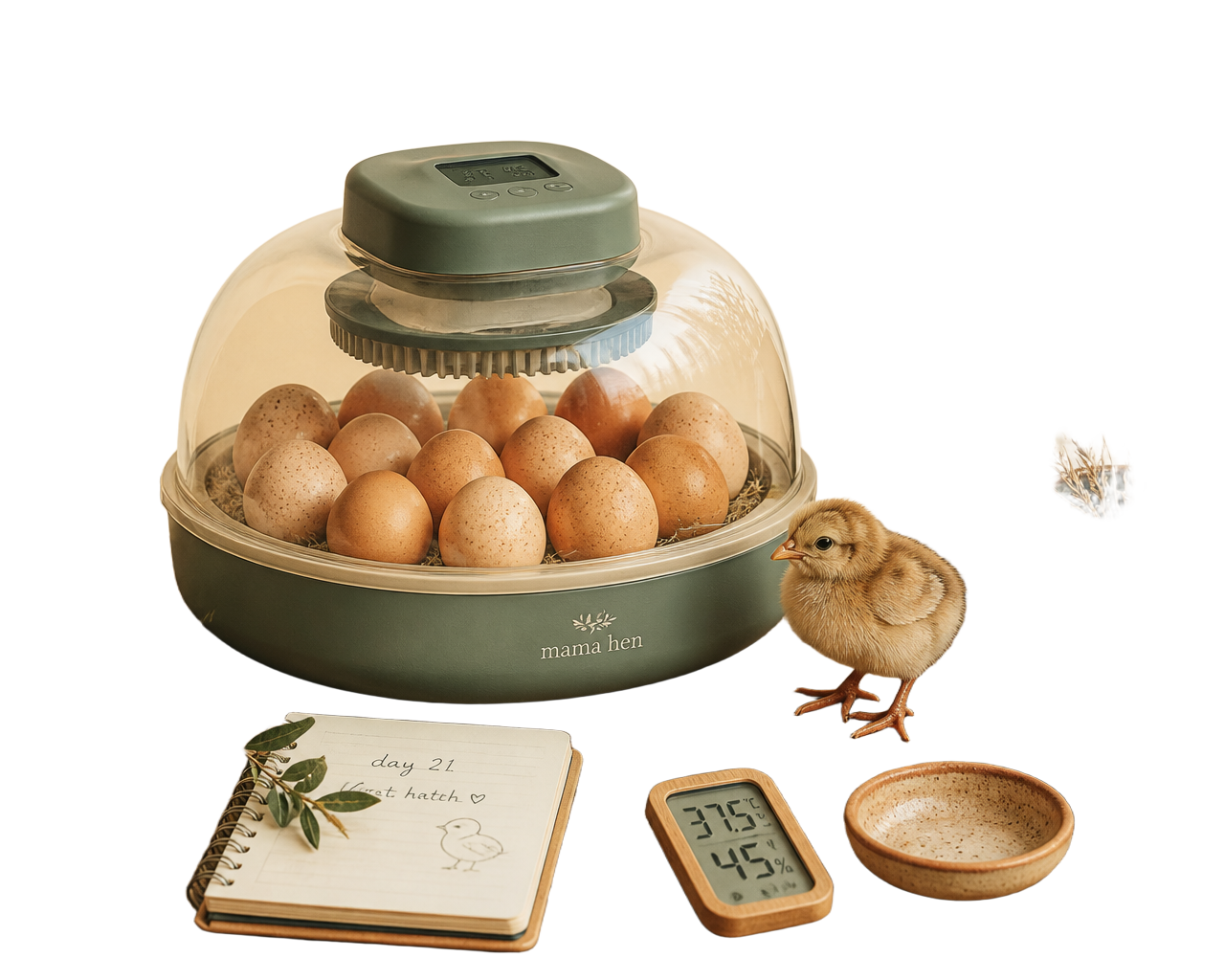 A tabletop incubator filled with fertile brown chicken eggs beside a newly hatched chick, a hatch journal and a thermometer on a wooden table